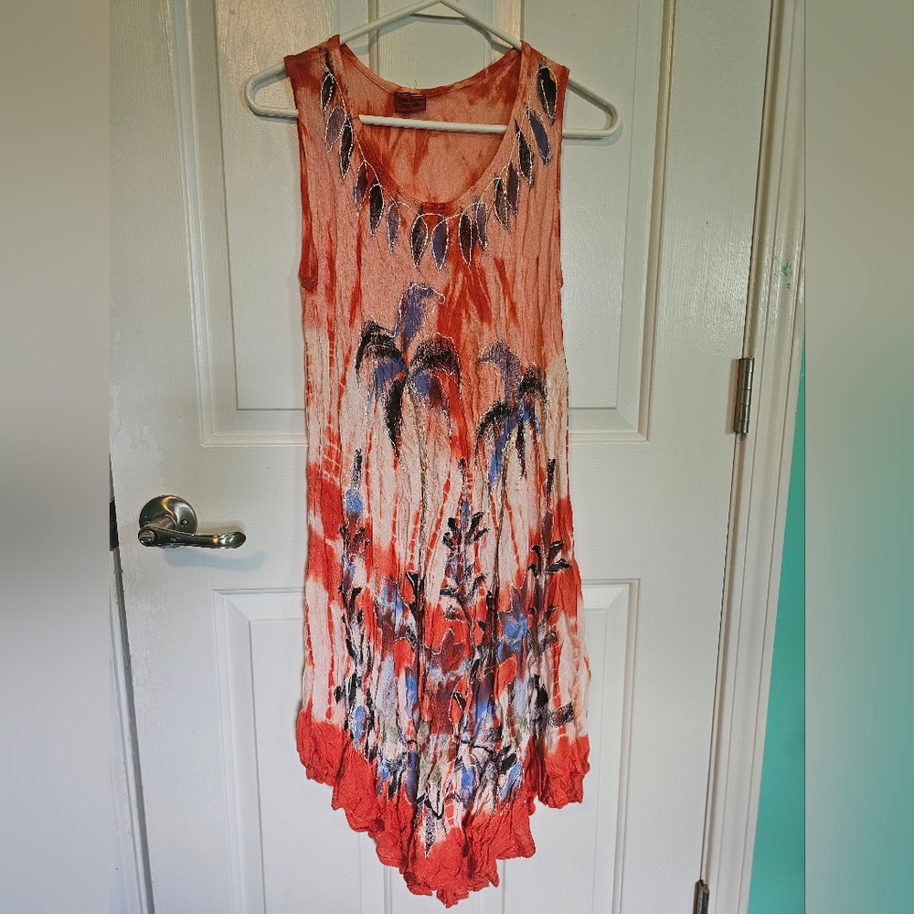 Red Tropical Sleeveless Boho Hippie Dress with Palm Tree Design OSFM